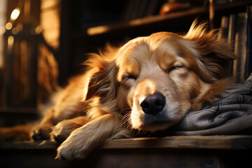 Cozy bookworm's companion: Dog sleeping next to books, soft light. Generative AI