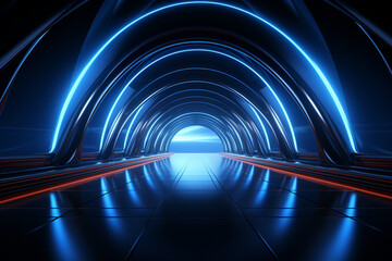 Futuristic glow: Blue background with neon, light arch, and lines. Generative AI