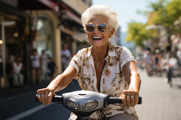 Fototapeta na wymiar happy senior woman tourist joyfully rides an electric bike along the street, relishing in the freedom and excitement of exploring new places, environment eco-friendly