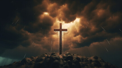a glowing cross against a gloomy sky concept faith religion.