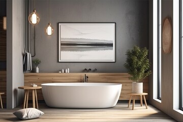 Corner A contemporary bathroom's interior features a cozy white bathtub and a wooden wall. Poster mockup on a wall. Generative AI