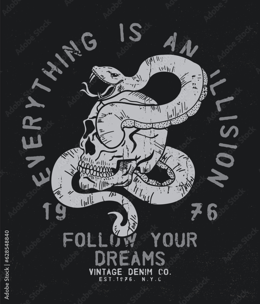 Poster tee print design as vector with skull and snake drawing