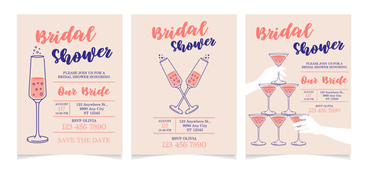 Bridal shower pink invitation cards design. Illustrations of champagne glasses with bubbles, vector. Bubbles of sparkling wine, wedding concept. Event, party, presentation, promotion, menu.