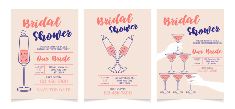 Bridal shower pink invitation cards design. Illustrations of champagne glasses with bubbles, vector. Bubbles of sparkling wine, wedding concept. Event, party, presentation, promotion, menu.