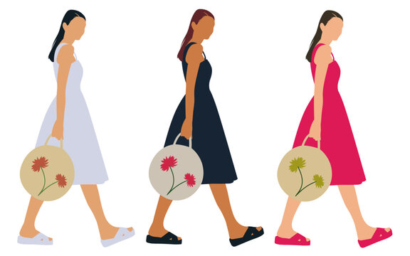 set of women on the beach with handbag wearing colorful frock silhouette full body vector illustration