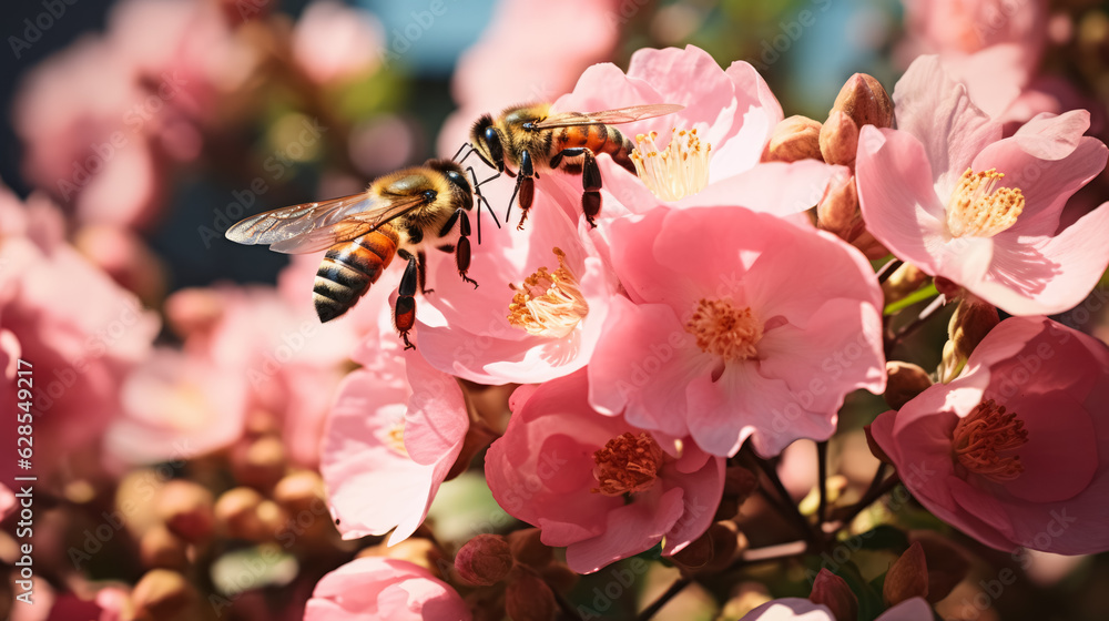 Aufkleber a swarm of bees bustling around a blooming rose garden; background with empty space for text