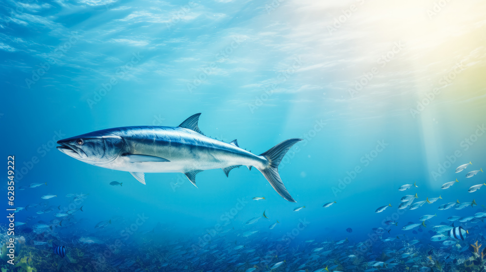 Poster barracuda leaping out of the sea; background with empty space for text