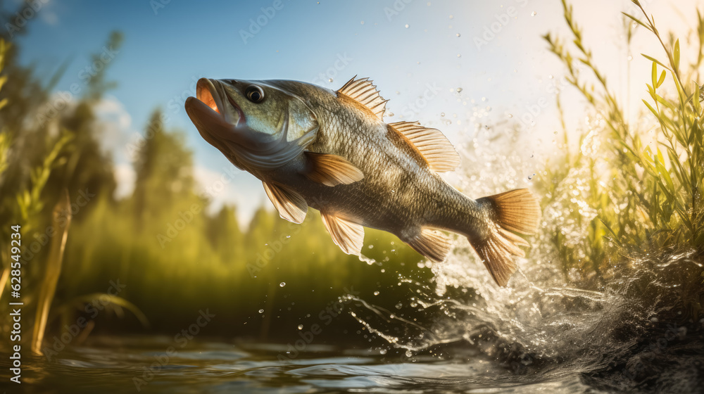 Poster bass jumping out of a pond; background with empty space for text