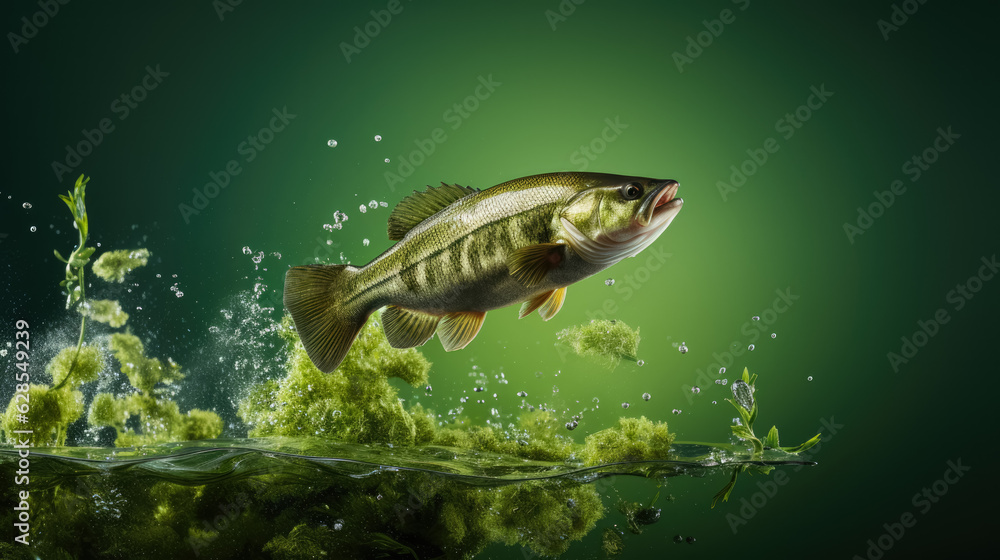 Aufkleber bass jumping out of a pond; background with empty space for text