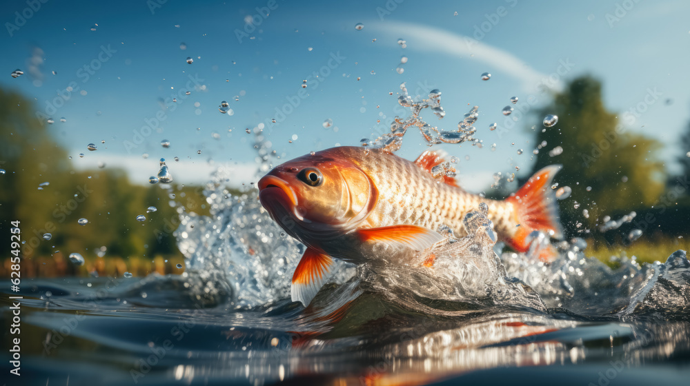 Aufkleber carp jumping out of a pond; background with empty space for text