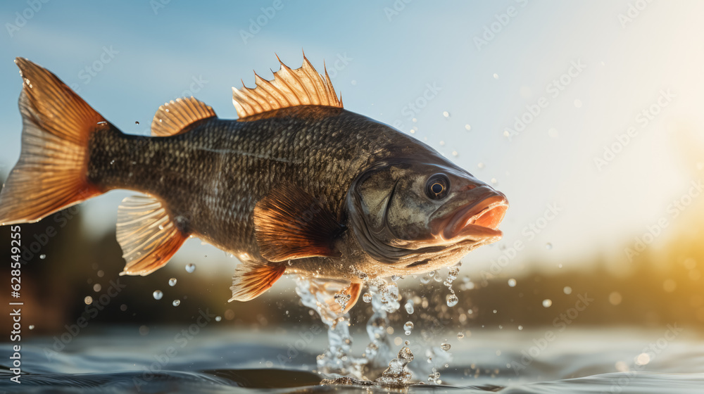 Poster catfish jumping out of a river; background with empty space for text