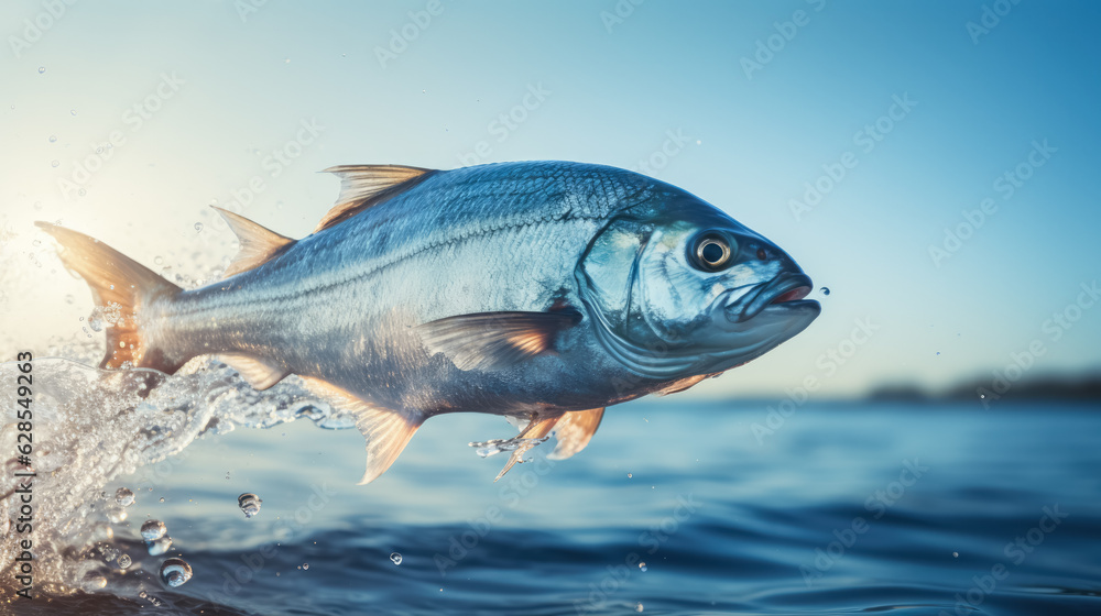 Poster bluefish jumping out of the ocean; background with empty space for text
