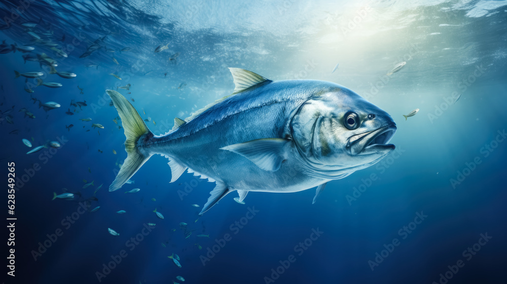 Aufkleber bluefish jumping out of the ocean; background with empty space for text