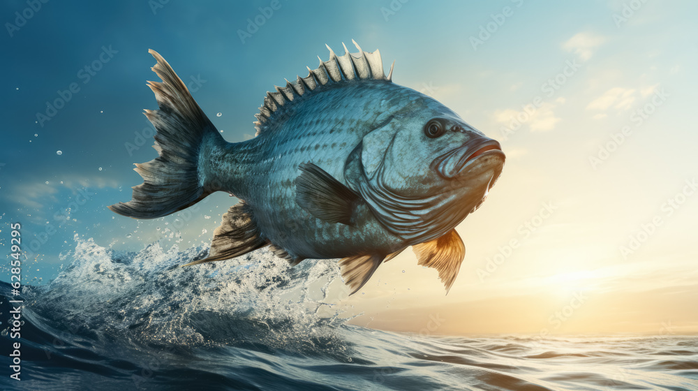 Aufkleber halibut leaping out of the sea; background with empty space for text