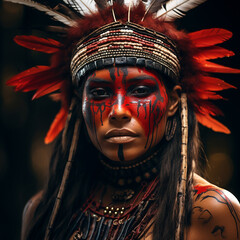 Indigenous Brazilian female person, fifteenth century, indian, indigena, tribe, shaman, chief, ancient, indian headdress, rainy forest, culture.