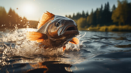 Catfish jumping out of a river; background with empty space for text   