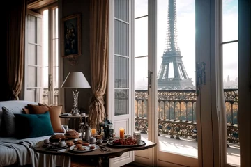 Fototapeten Breakfast on the table, view from the window on the Eiffel Tower, Paris. © A LOT ABOUT EVERYTHI