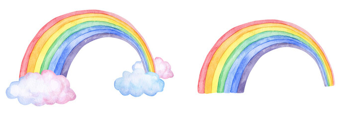 Clouds and rainbows. Watercolor illustrations isolated on white background