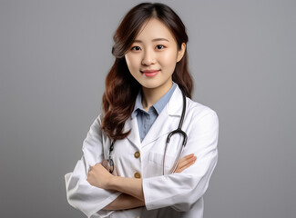 a self-assured Japanese senior doctor woman commands attention in her immaculate medical uniform, radiating professionalism and experience. generative AI.