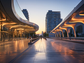 empty pedestrian walkway with city background