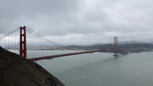 Panning shot of the Golden Gate Bridge and San Francisco. Taken from Marin Headlands on a cloudy and overcast day in summer - California, USA