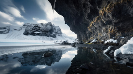 iceland landscape in winter with a black ice cave ine the background
