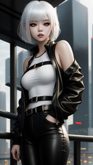 White-haired girl in cyberpunk city. Beautiful girl in leather dress. Cyberpunk anime beautiful girl.