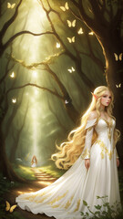 Fairy girl in a fantasy forest with golden lights. Blonde hair elf girl in a elf forest.