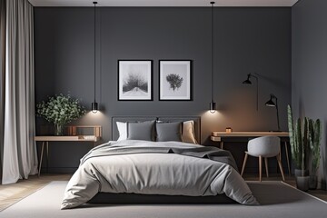 Dark gray walls, a double bed with two pillows, a desk with a computer, and a framed horizontal poster can all be seen in this corner view of a bedroom. Generative AI