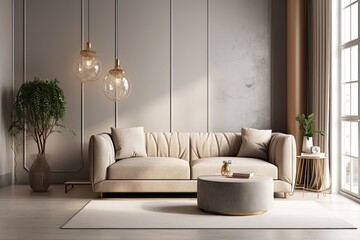 Inside of a spacious room with a couch. residing space. Generative AI