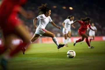 Fotobehang Woman soccer player wearing in uniform battle action in soccer stadium, Generative Ai content. © Prathankarnpap