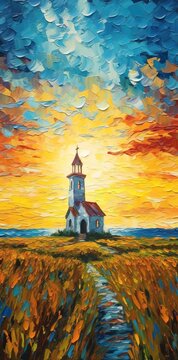 a painting of a church in a field