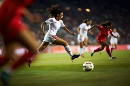 Woman soccer player wearing in uniform battle action in soccer stadium, Generative Ai content.