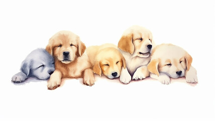multicolored watercolor puppies on a white background.