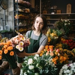 Female florist picking a bouquet in her shop. Small business. Generative AI.