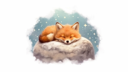 a fox cub sleeps on a cloud watercolor on a white background illustration of the little prince.