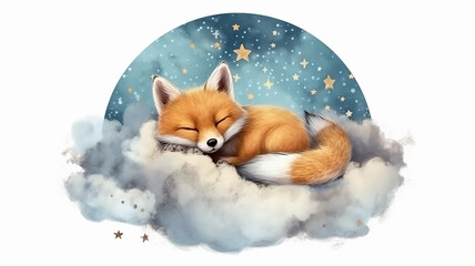 a fox cub sleeps on a cloud watercolor on a white background illustration of the little prince. - obrazy, fototapety, plakaty