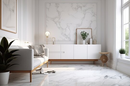 Interior of a bright, cheerful living room with a sideboard, a comfy sofa on a marble floor, and an empty, white wall. Scandinavian minimalism in architecture. Decorated in a modern style. A mockup