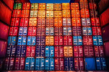 Fototapeta the sheer magnitude of a mountainous stack of containers in a bustling container yard, illustrating the magnitude of international trade and the complex logistics involved. obraz