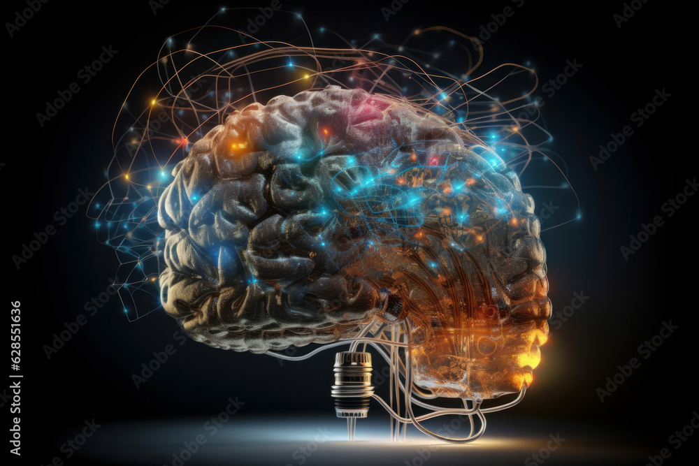 Poster creative concept with a brain shaped light bulb and musical notes, representing the fusion of intell