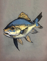 Drawing of a fish, with gold leaf
