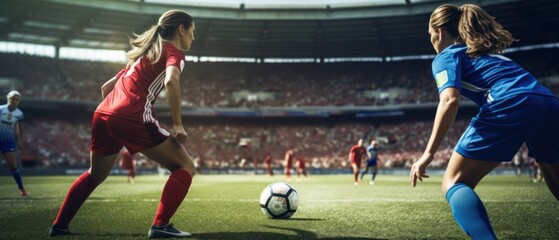 Woman soccer player wearing in uniform battle action in soccer stadium, Generative Ai content.