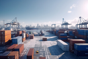 a row of cargo containers ready for international export, with a busy shipping pier as the backdrop. Embodying the seamless logistics and extensive reach of containerized shipping. Generative AI. - obrazy, fototapety, plakaty