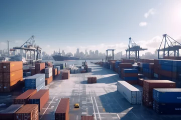 Foto op Plexiglas a row of cargo containers ready for international export, with a busy shipping pier as the backdrop. Embodying the seamless logistics and extensive reach of containerized shipping. Generative AI. © Surachetsh