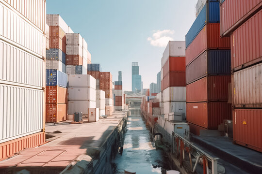 a row of cargo containers ready for international export, with a busy shipping pier as the backdrop. Embodying the seamless logistics and extensive reach of containerized shipping. Generative AI.