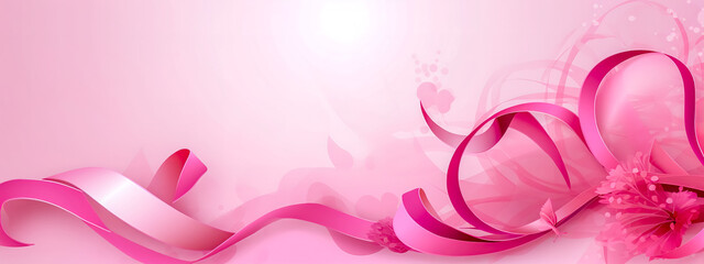 Breast Cancer Awareness Month, pink ribbon and flowers, banner with copy space made with Generative AI
