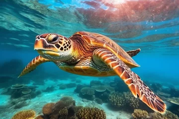 Keuken spatwand met foto a sea turtle swimming in the water © White