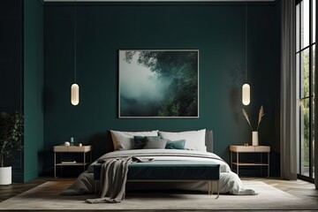 fashionable bedroom interior with bed, mock up poster frame, and dark green wall. Generative AI