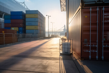 containers lined up for export at sunset, with a towering mast in the distance. Embodying transportation logistics and international container cargo shipping in a serene environment. Generative AI.