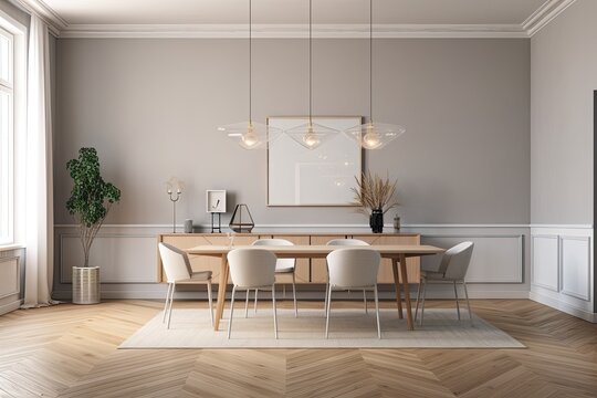 Interior of a bright living room with four seats, a dining table, a sideboard, a carpet, and an oak parquet floor. minimalist design principle. a relaxed setting for meetings. Generative AI